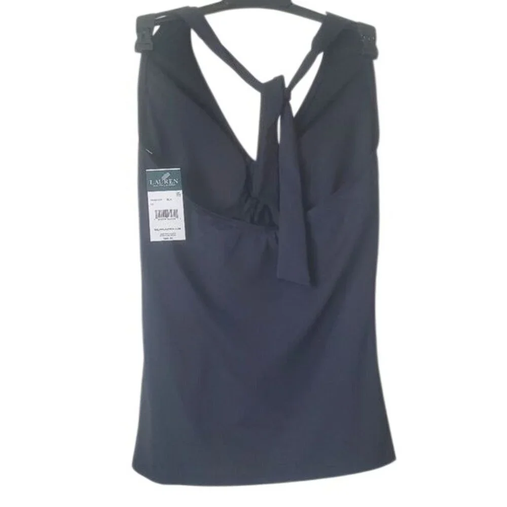 Lauren‎ Ralph Lauren Black Halter Tankini Top Front Tie Back Swimwear Size 12